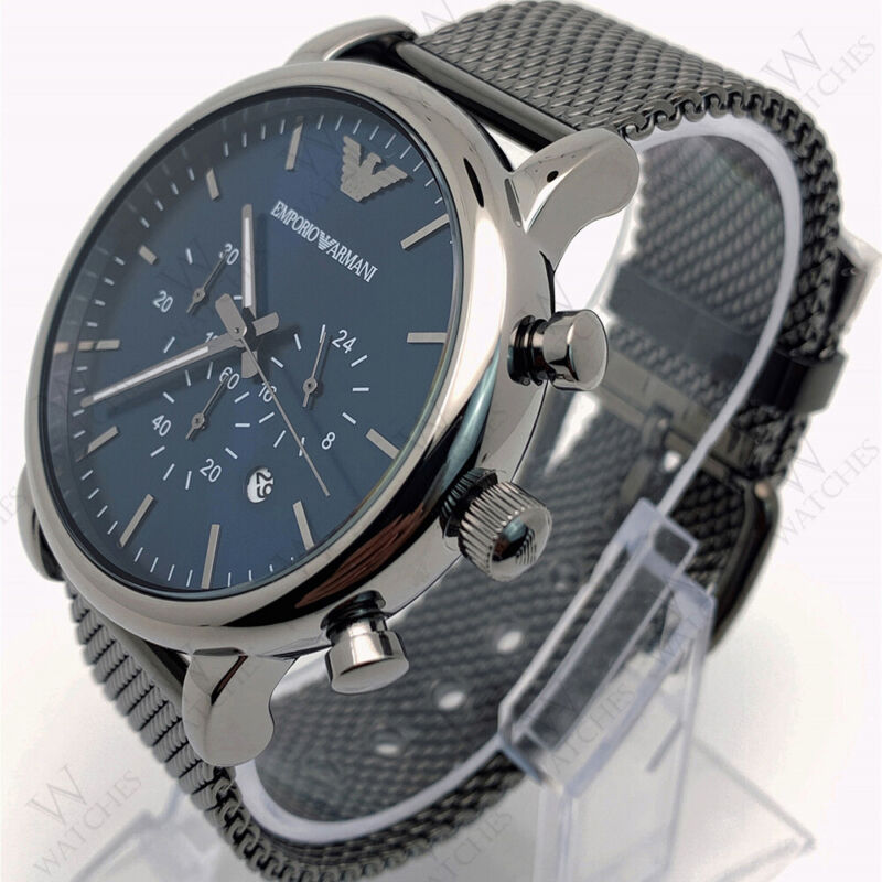 New In Box Emporio Armani AR1979 46mm Case Sport Chrono Grey Mesh