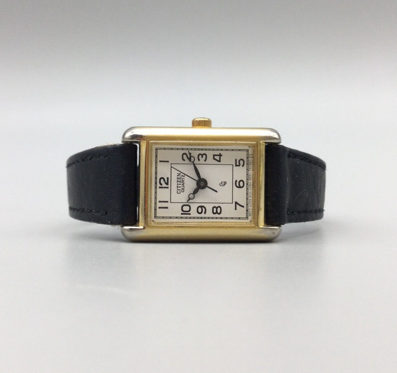 Citizen Quartz ladies tank rectangular gold tone black leather watch NEW BATTERY Vintage Citizen Mini Watch - Black Gold Tank (1974  main image 3