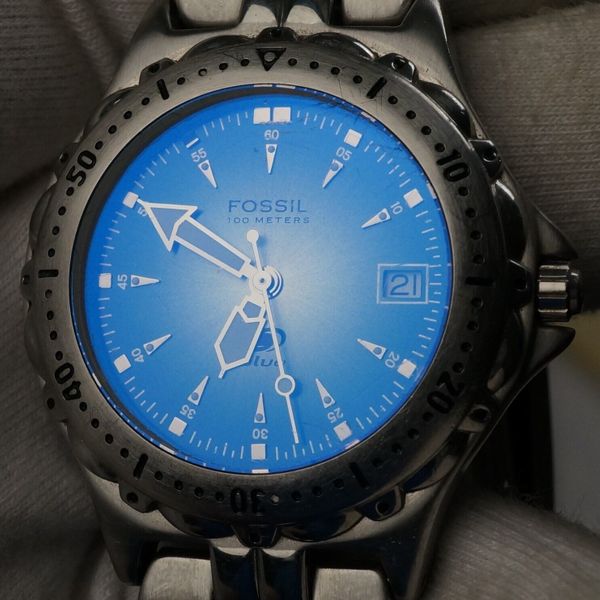 rare Fossil Blue AM-3544 100m 35mm rotating bezel men display picture 1