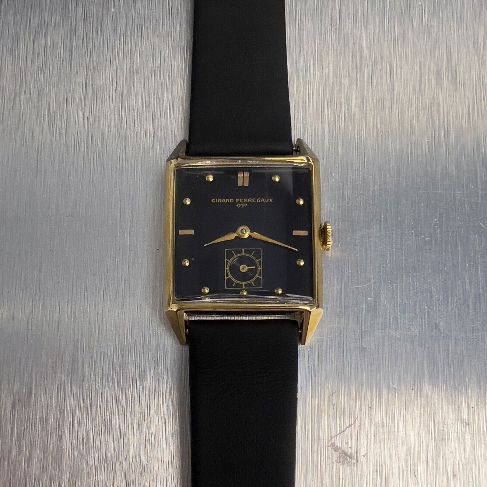 Vintage Girard Perregaux 14k Yellow Gold Black Dial Square Watch