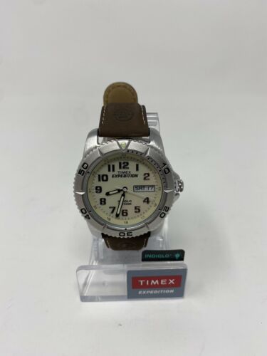 Timex T46681, Men's Expedition Brown Leather Watch, Indiglo, Day/Date ...