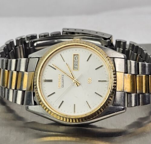 Men s Vintage 5H23 8029 Seiko WATCH White Dial Gold Silver