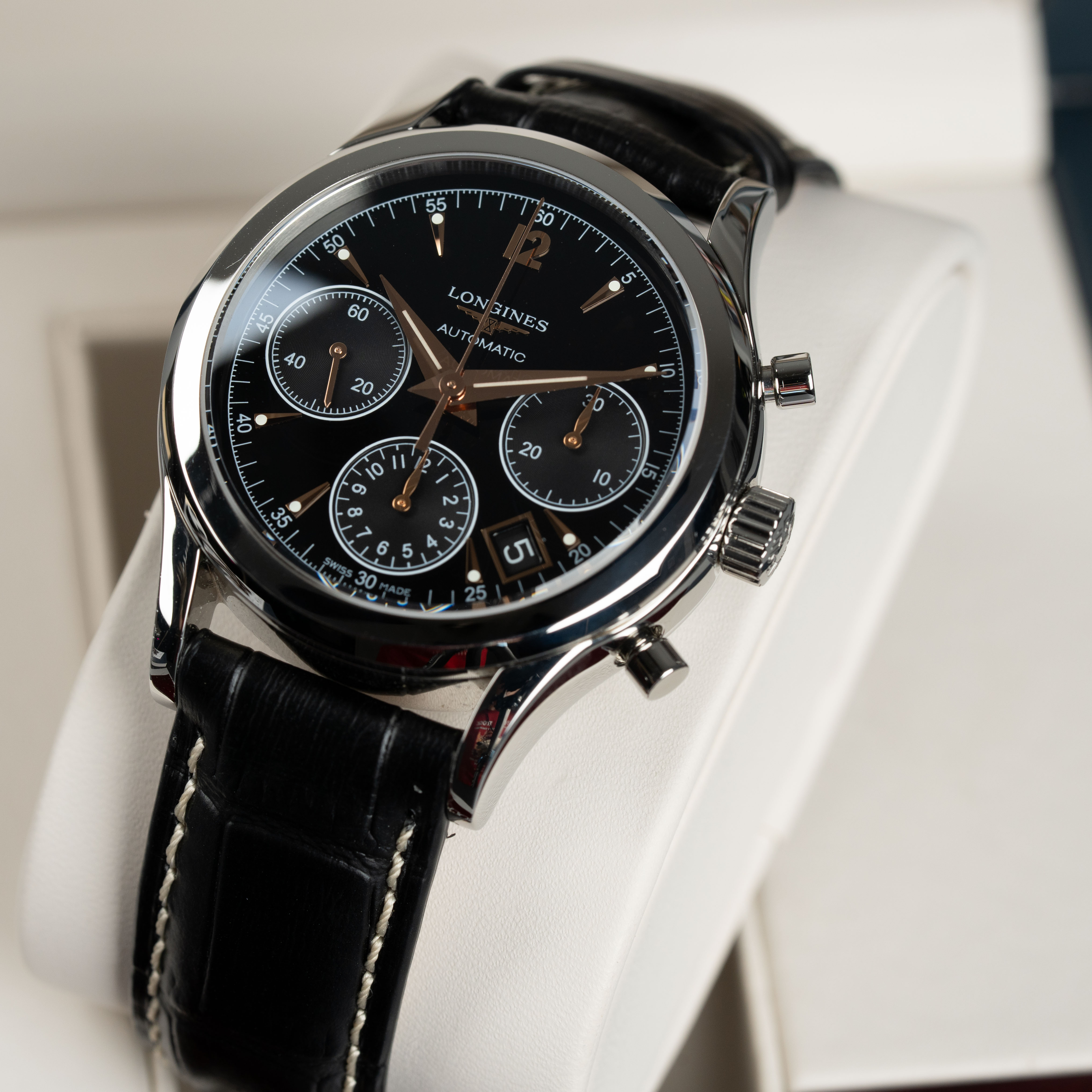 WTS WTT Longines Heritage Chronograph 39mm Black Dial Black Brown