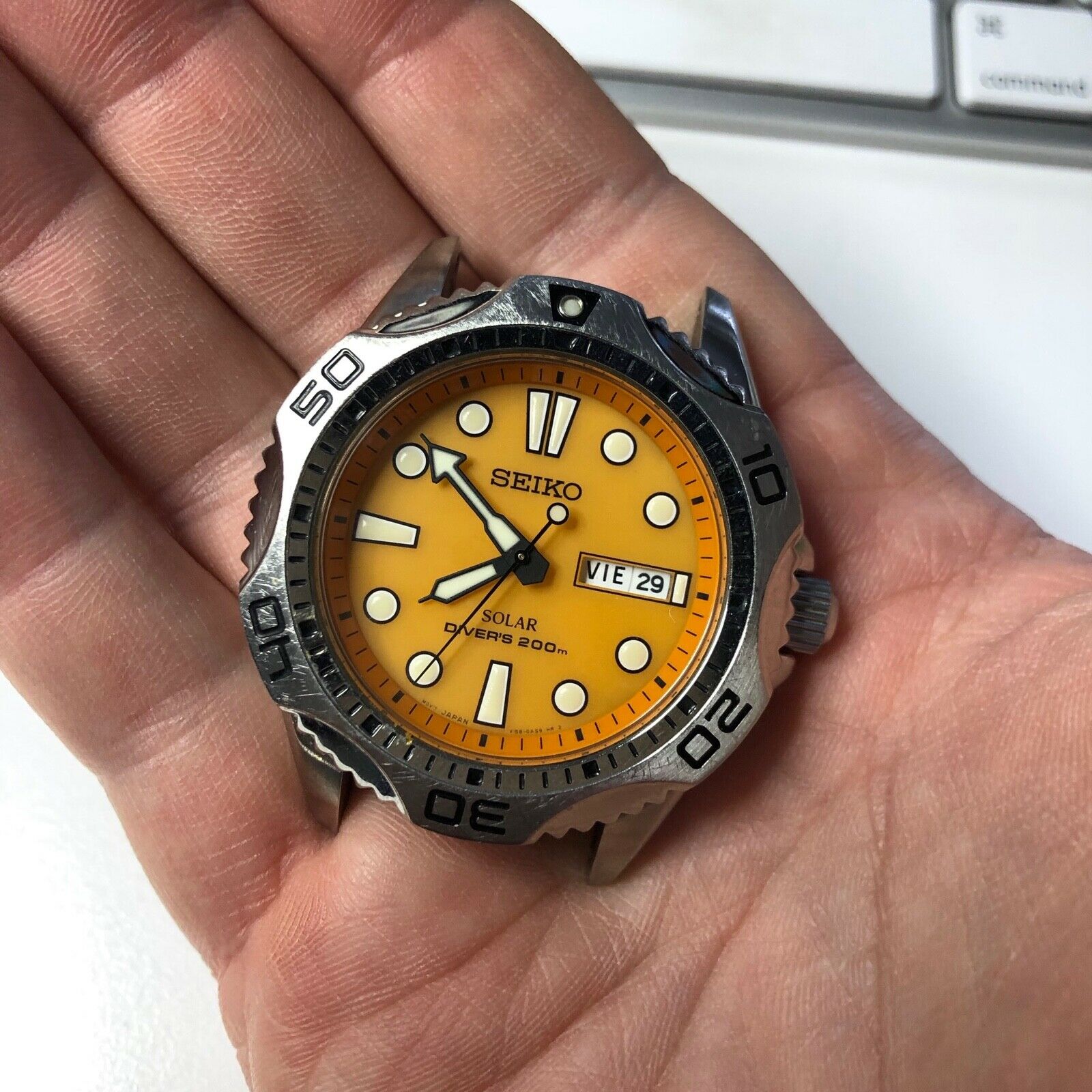 Seiko V158-0AE0 Diver 200M Day Date Orange Dial Solar Watch