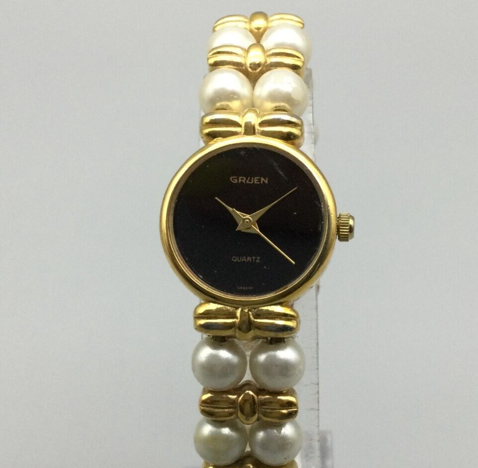 Vintage Gruen Watch Women Gold Tone Black Dial Faux Pearl 