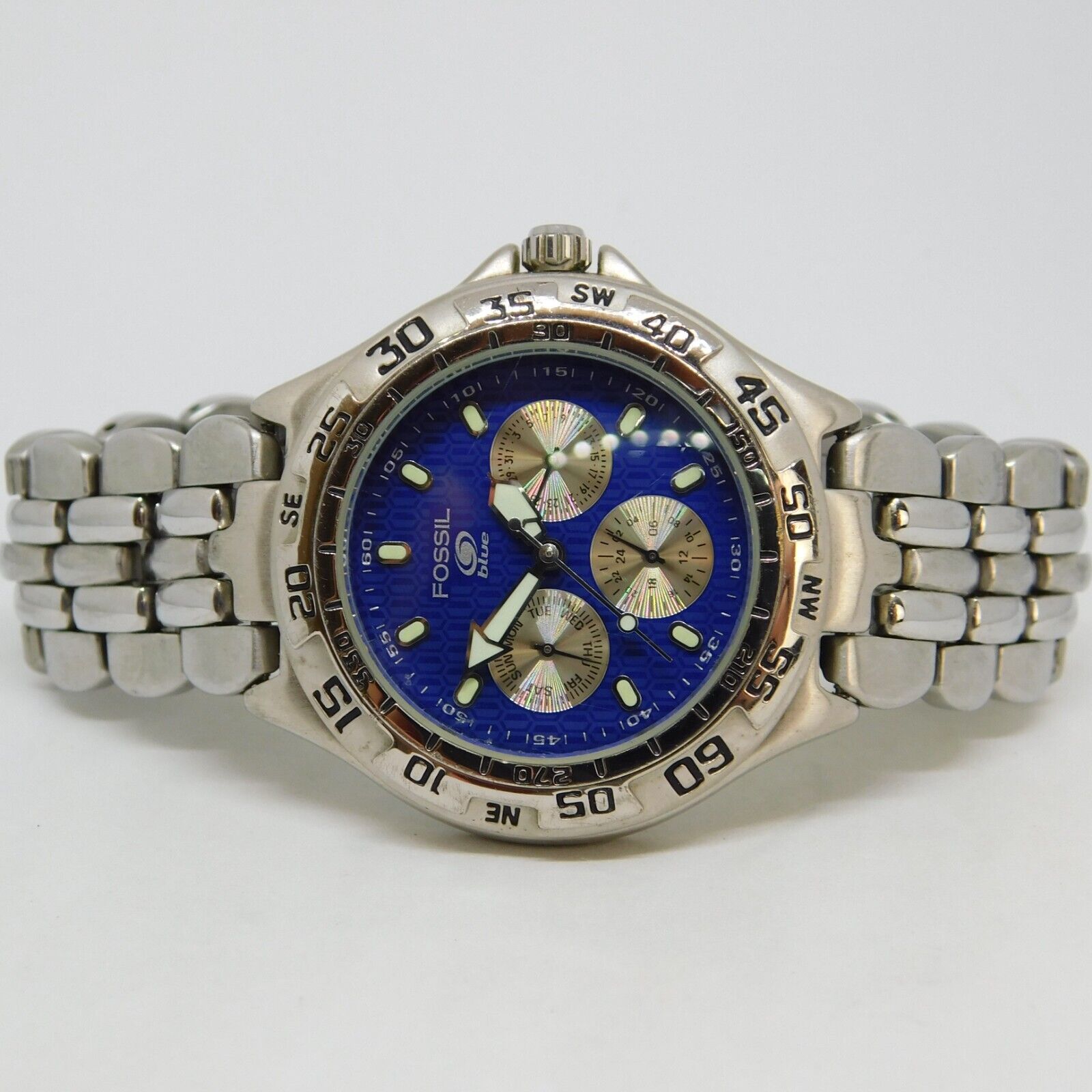 Fossil Blue BQ-8795 Silver Tone Quartz Analog Men's Watch Sz