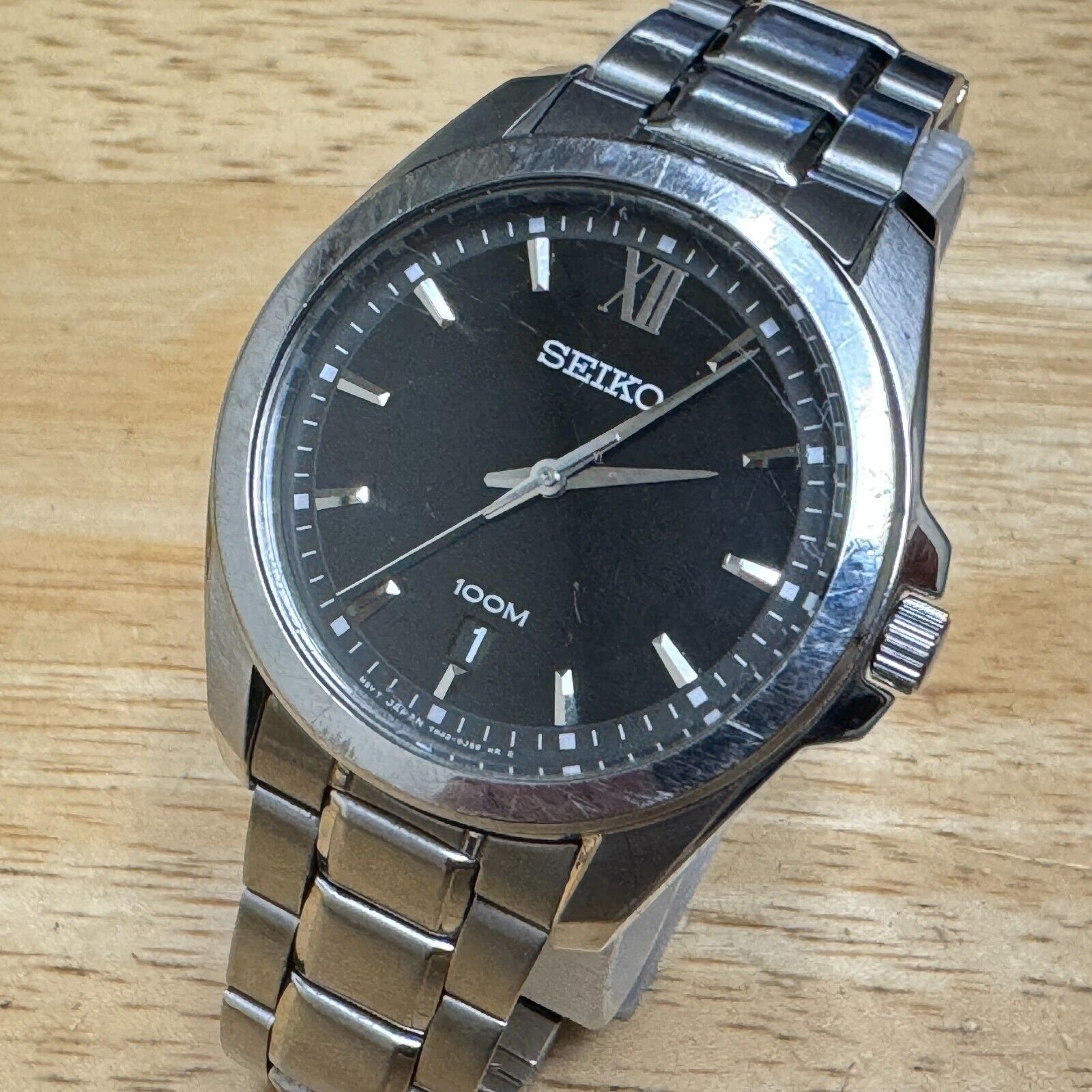 VTG Seiko Quartz Watch 7N42 0FP0 Men 100m Silver Black Steel Date