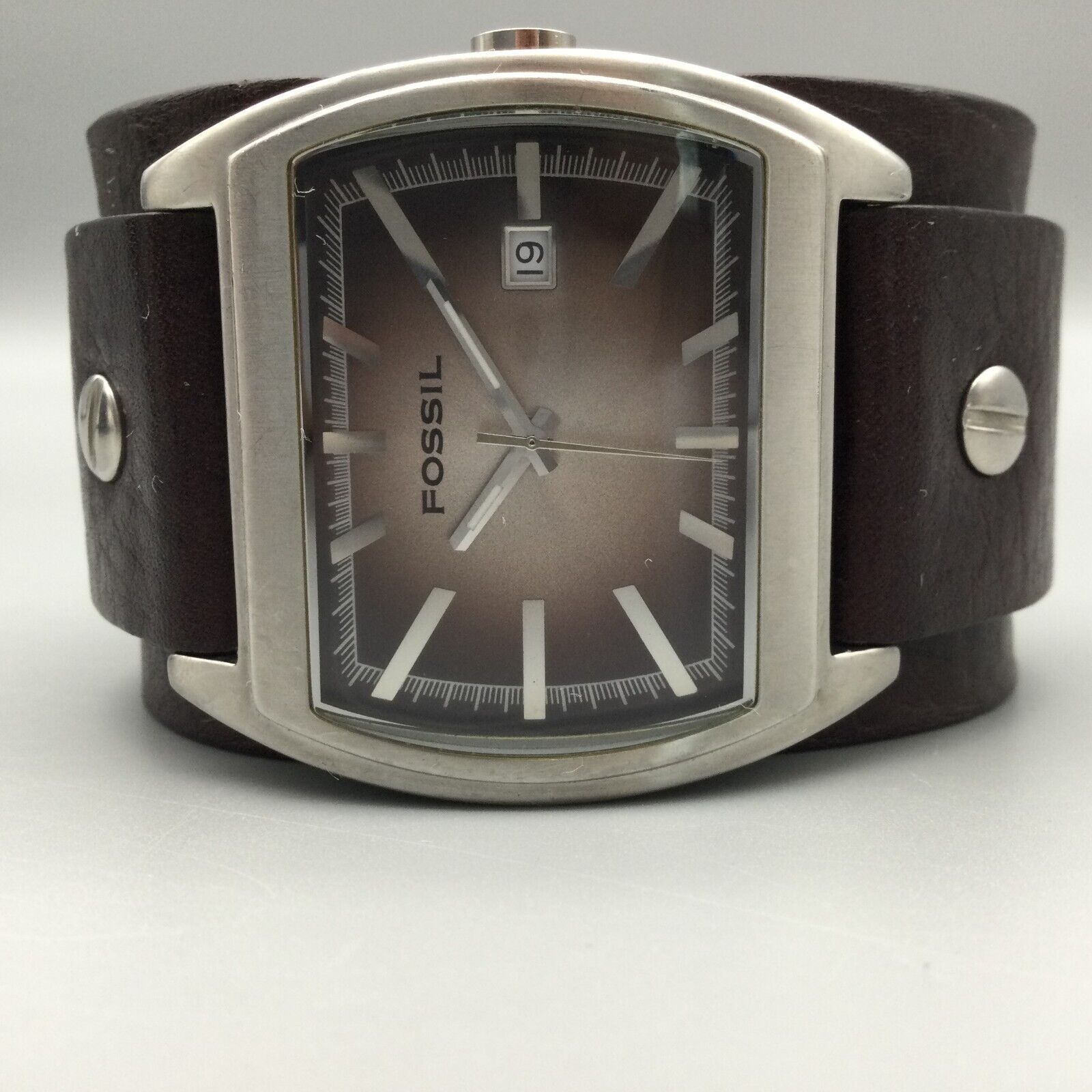 Fossil Watch Men Silver Tone Rectangle Date Wide Leather 