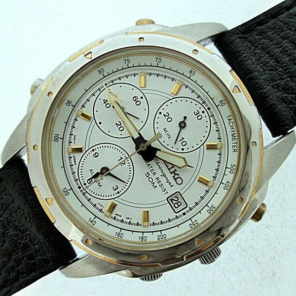 SEIKO 7T32 6m59 BLACK DIAL MENS ALARM CHRONOGRAPH GOLD SS DATE # 0n0069 ...