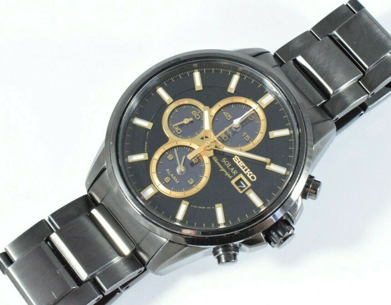 Black & Gold Seiko Stainless Steel Solar Chronograph Alarm Men's