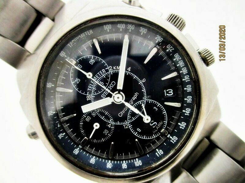 SEIKO 7T32 9000 SUS MENS BLACK TELEMETER CHRONOGRAPH SS DATE