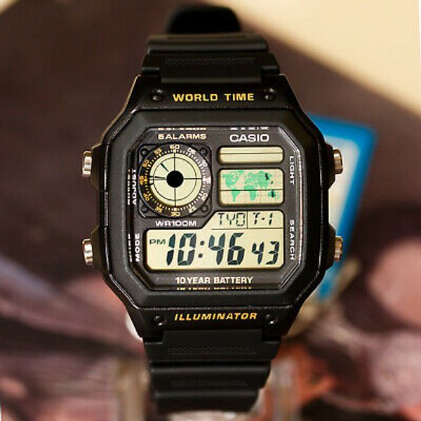 Casio AE-1200WH-1AV Watch 10 Year Battery 4 World Time Zones 5 Alarms New