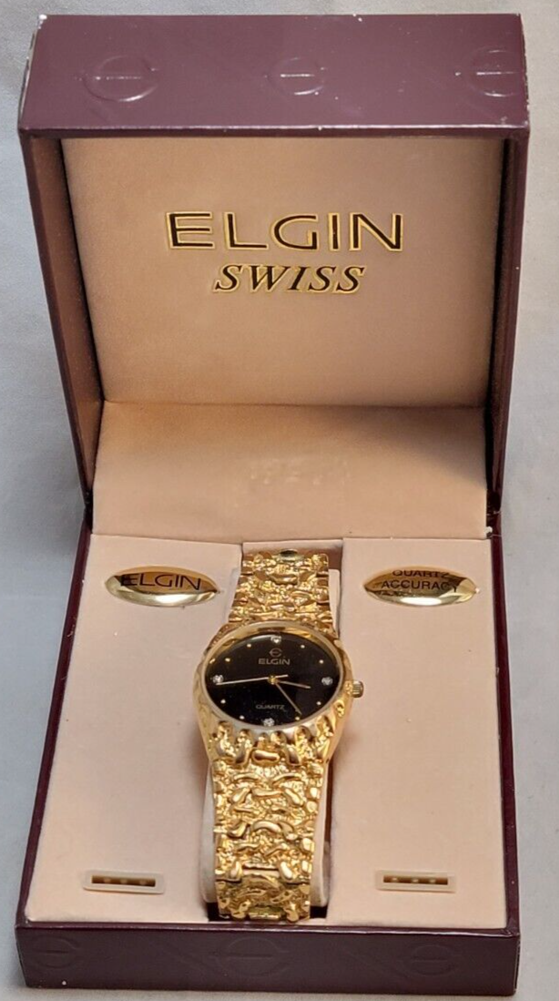 Vintage 1980's ELGIN Gold Nugget Black Diamond Dial Quartz Men's