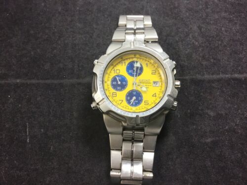 Seiko 7T32 6K19 Yellow Chronograph Alarm. Free U.S. Shipping