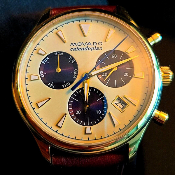 Mens Watch Chronograph Leather Band Strap Beige Dial Movado 
