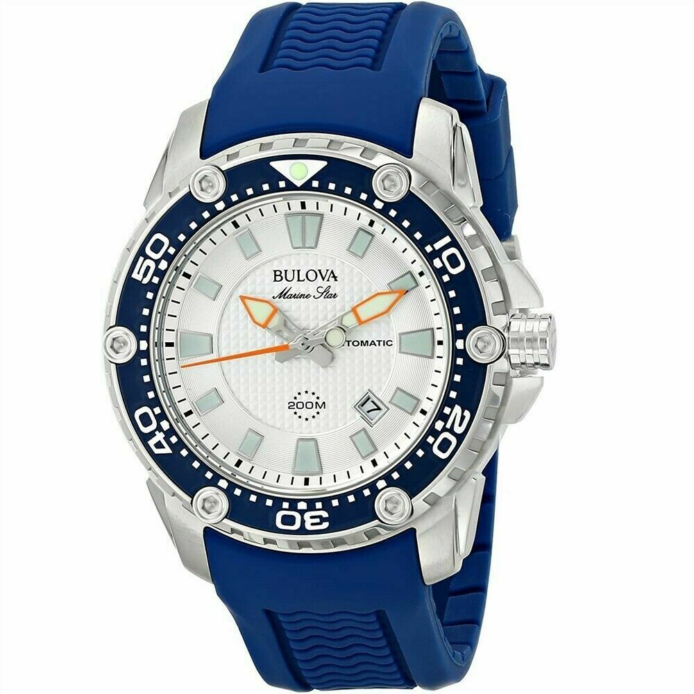 Bulova Mens Marine Star Automatic Watch Blue Rubber Strap 98b208 Watchcharts Marketplace 6976