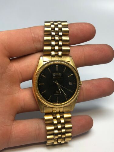 Vintage Seiko SQ Quartz 5y23-8A69 Black Dial gold Tone Wrist Watch