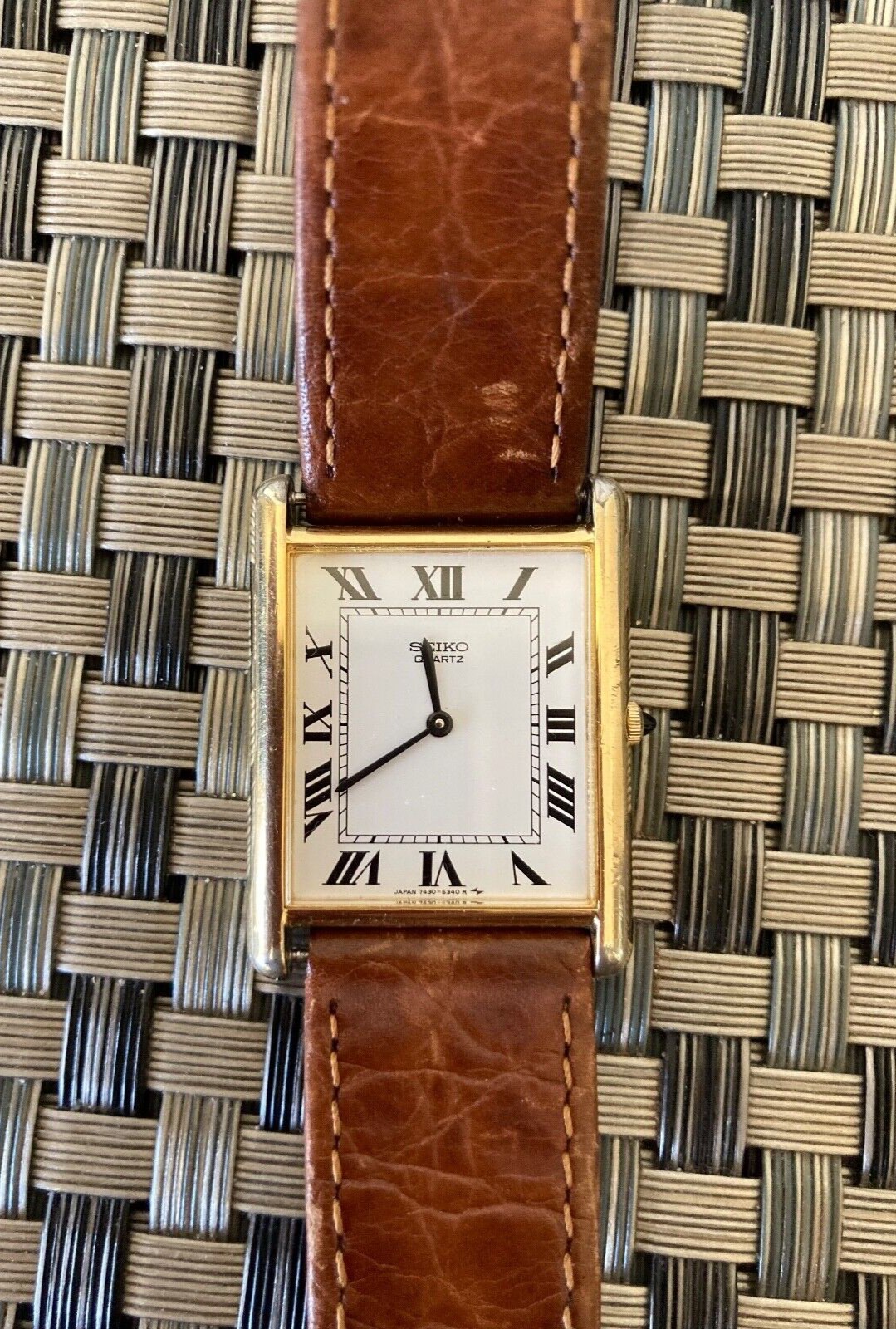Vintage SEIKO Tank 7430-5209 Men's 25 mm Quartz Watch Gold Leather