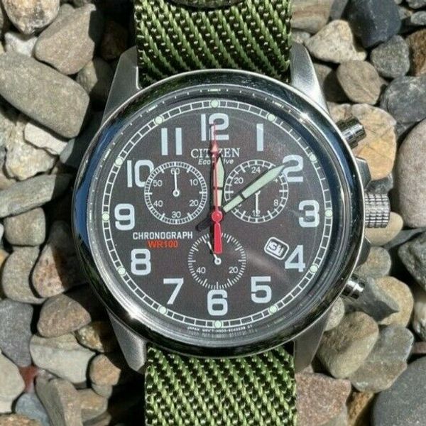 Citizen EcoDrive Men's Chronograph Military Field Watch Ref AT020005E w/Extra WatchCharts