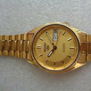 RARE VINTAGE 34 MM GOLD PLATED 7S26-3040 MEN'S SEIKO 5 AUTOMATIC