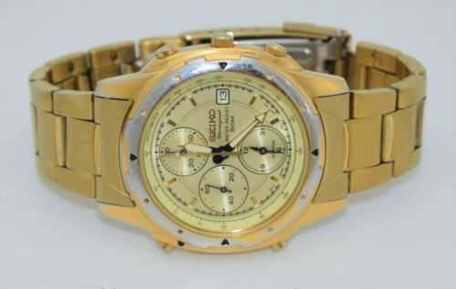 SEIKO Alarm Chronograph Date WR50m 7T32 6M59 Men s Gold Tone w NEW