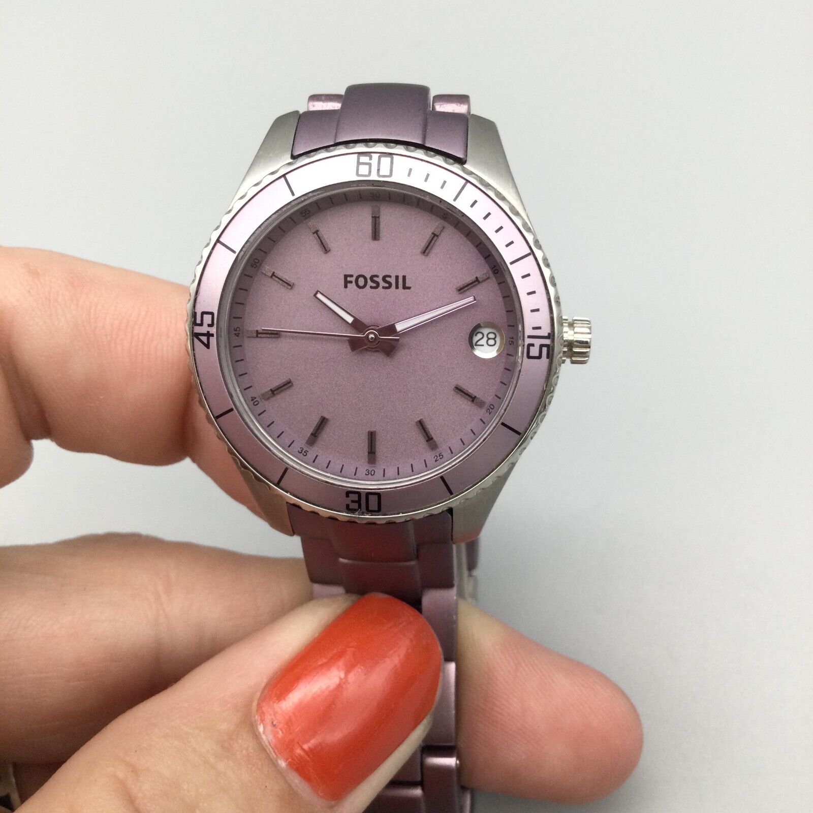 Fossil Watch Women Silver Tone Purple Dial Date ES-3046 New  display picture 1