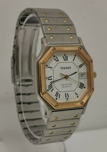 Vtg 1980s Tissot Seastar Octagonal Two Tone Quartz Date Gents