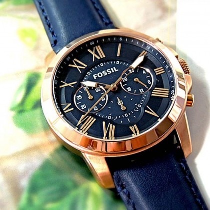 Fossil FS4835 Grant Chronograph Leather Watch In Blue | ASOS