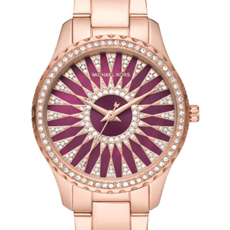 MICHAEL KOR LADIES LAYTON CRYSTAL ROSE GOLD ORNATE FACE WATCH, SS