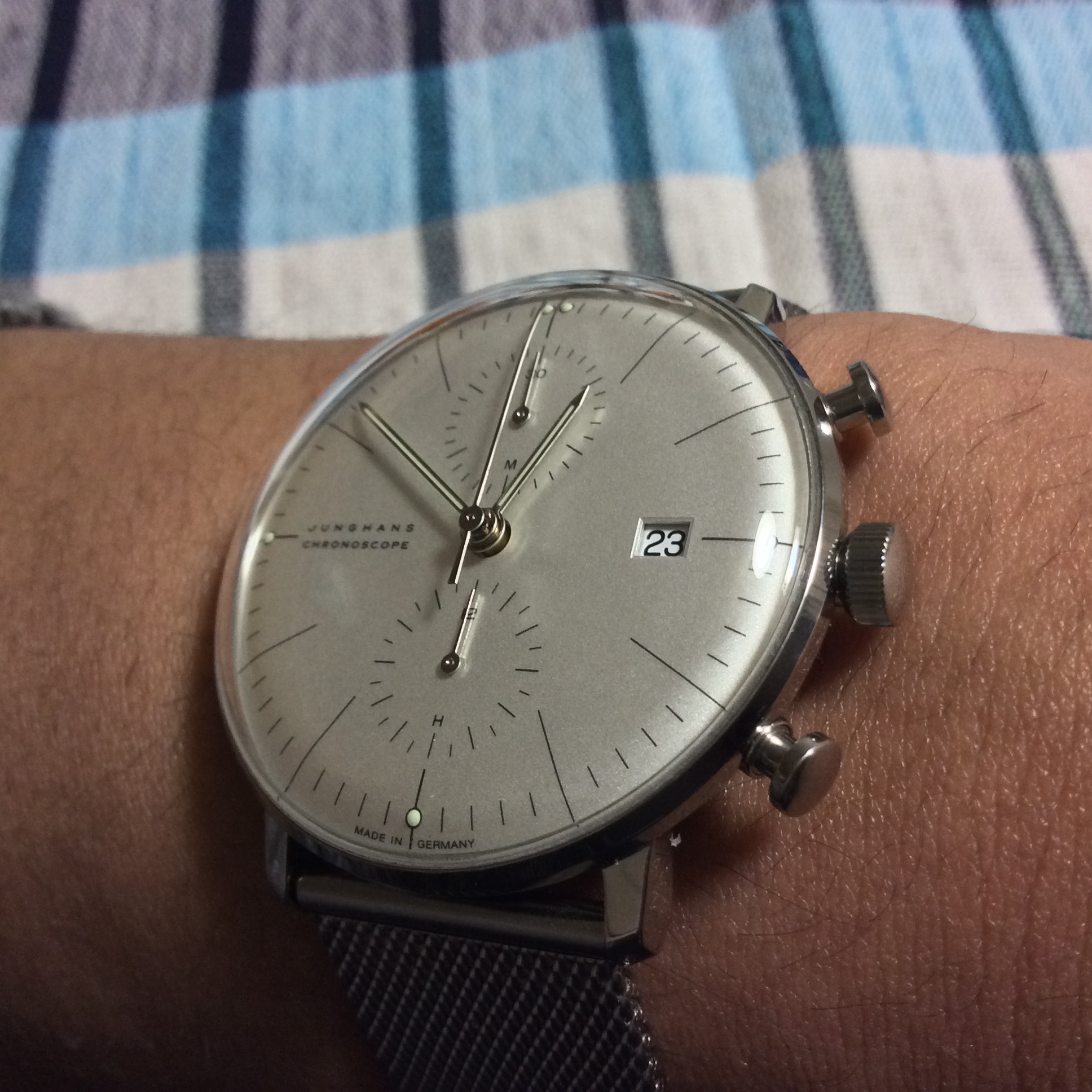 WTS Junghans Max Bill Chronoscope 027 4600 on Milanese Mesh