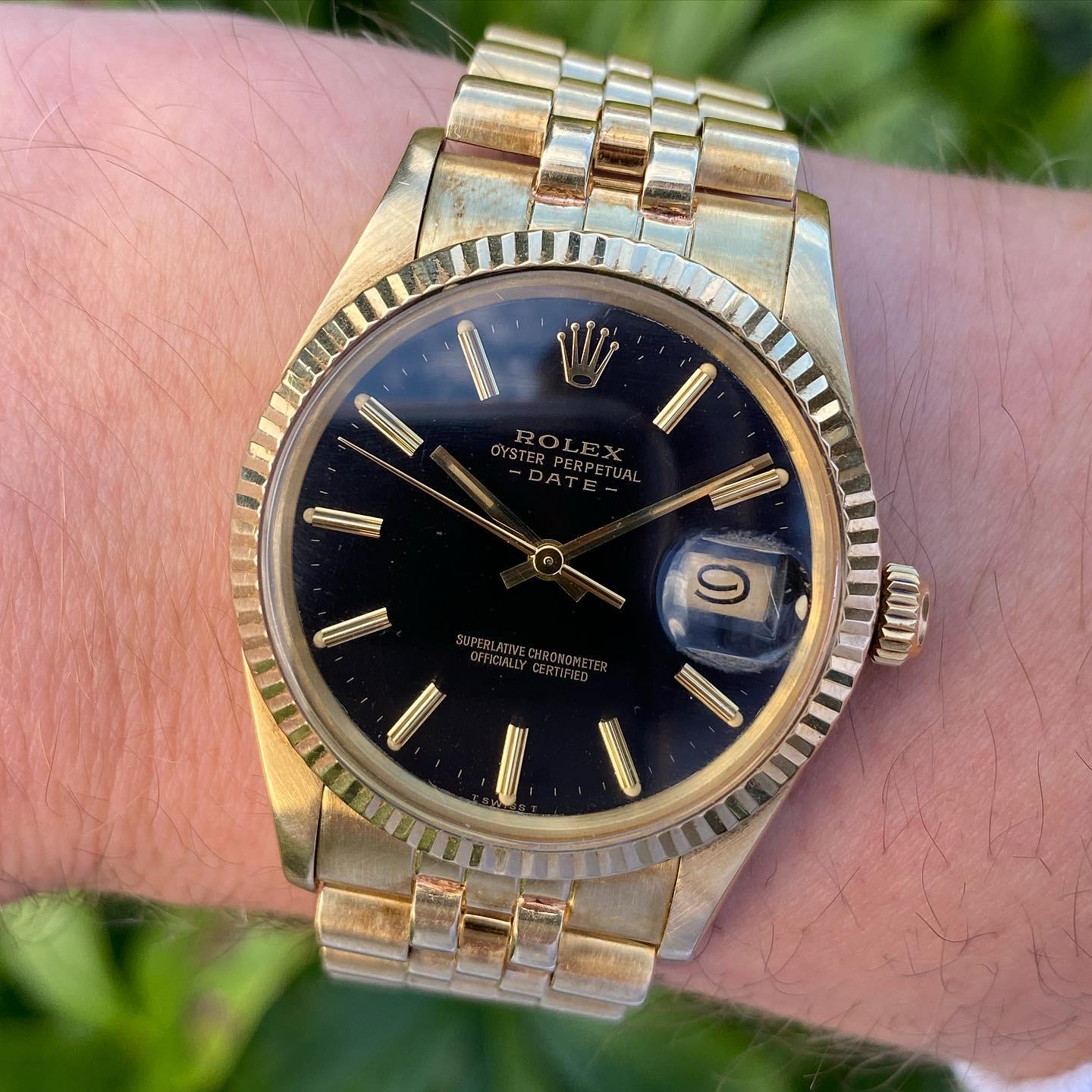 1983 Rolex 15037 Oyster Date 34mm Quickset Yellow Gold Black Dial