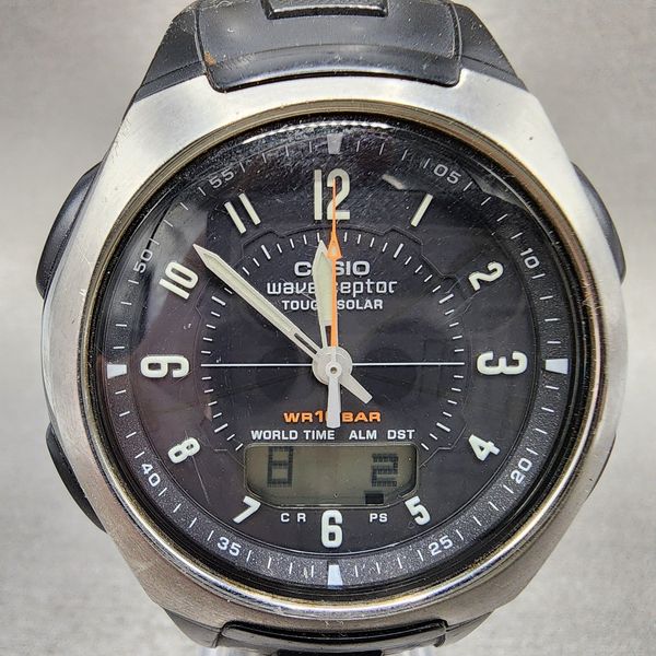 Casio Wave Ceptor Watch Men 43mm Black Dial Silver Tone Analog Digital ...