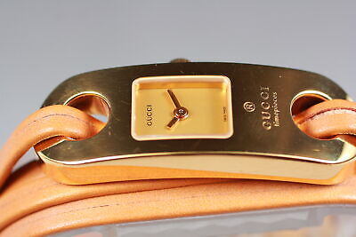 美品✨ GUCCI 6100L ブレスウォッチ レディース 腕時計 ゴールド New Battery [Exc+5 ] Gucci 6100L Gold*Brown Qz Women's Bracelet