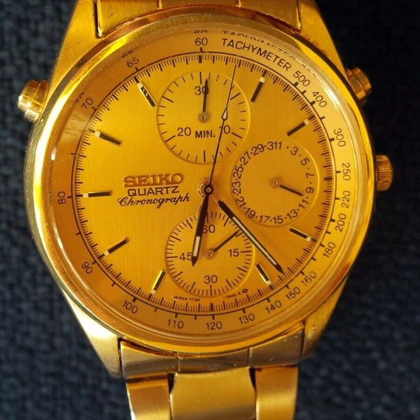Seiko men's wrist watch quartz chronograph, model 7T24-7A00 gold tone |  WatchCharts