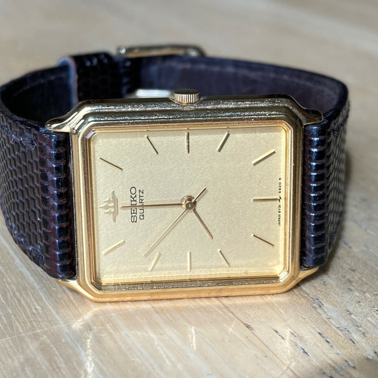 Vintage Seiko Rectangle Quartz Watch Leather Band 5Y31-5A30 Needs
