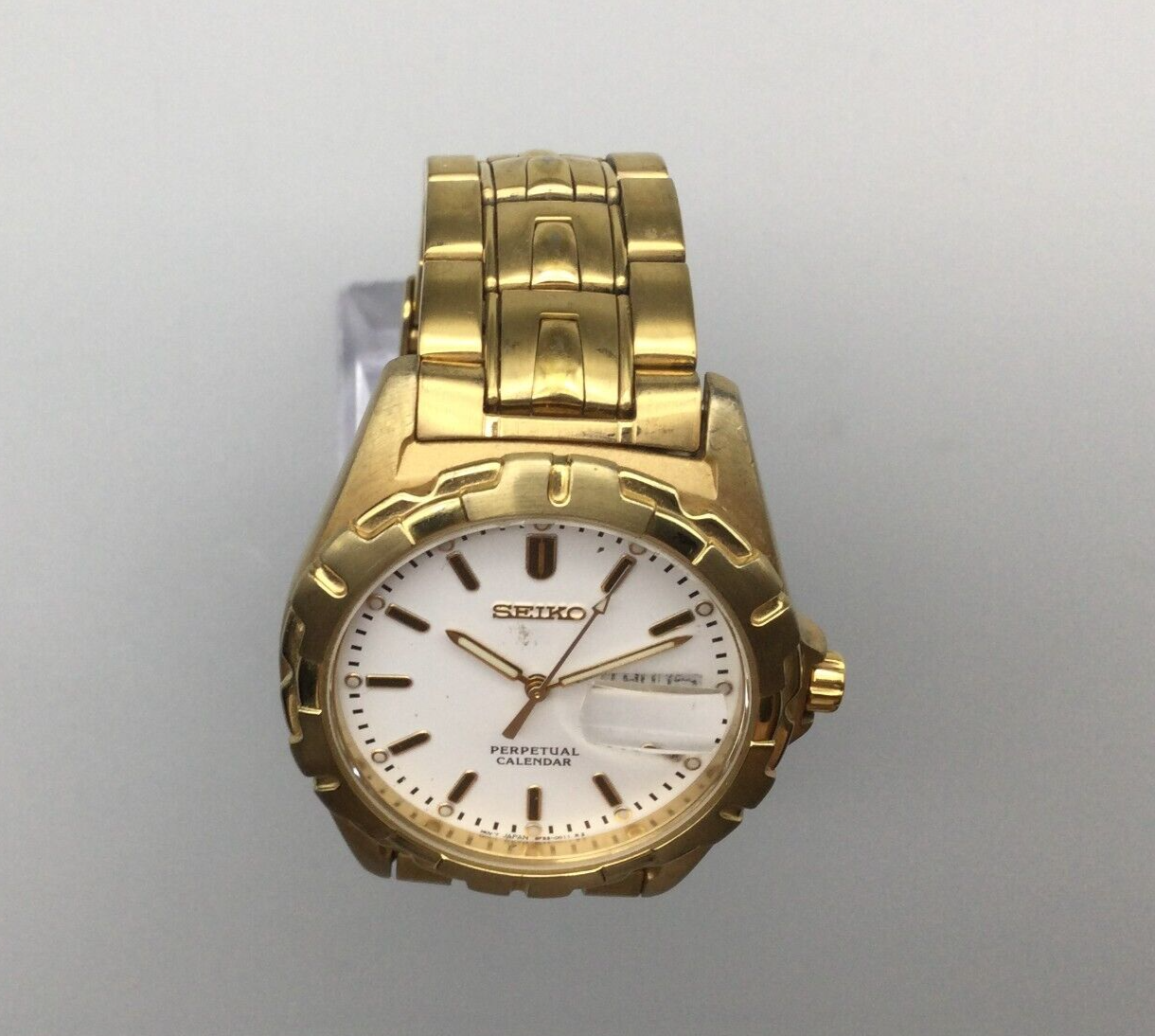 Seiko Perpetual Calendar Watch Men 8F33-0029 Gold Tone 36mm