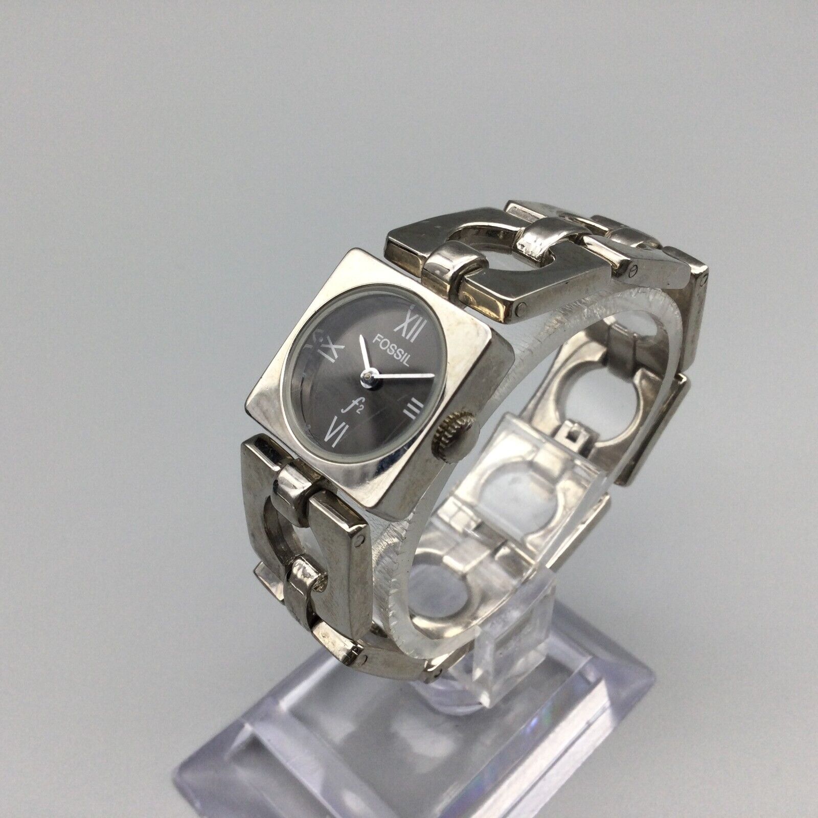 Fossil F2 Watch Women Silver Tone Square Black Dial ES-8779 New 