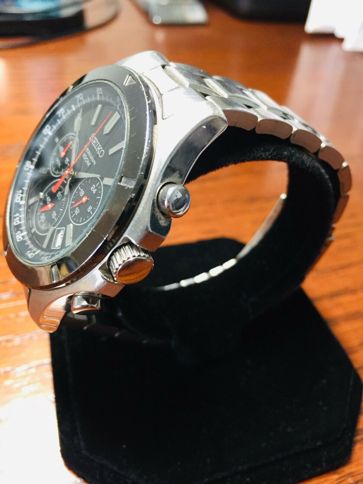 Seiko 6T63-00G0 Black Dial Red Chronograph Hands 100m Mens Watch
