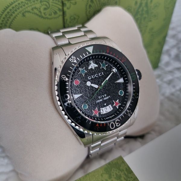 Gucci Dive Black Dial Two Tone NATO Strap Watch For Men - YA136206
