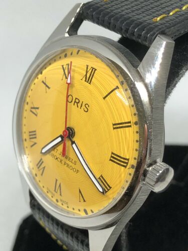 Vintage ORIS Swiss Hand Wind 17J MEN Watch Yellow Geometric Dial