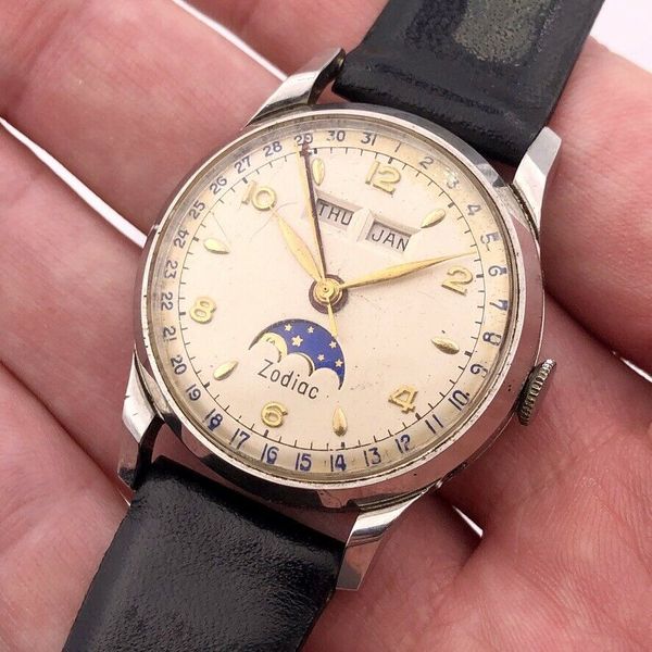 Zodiac 905 12S Triple Calendar Date Moon Phase Mens Vintage 1950's 33