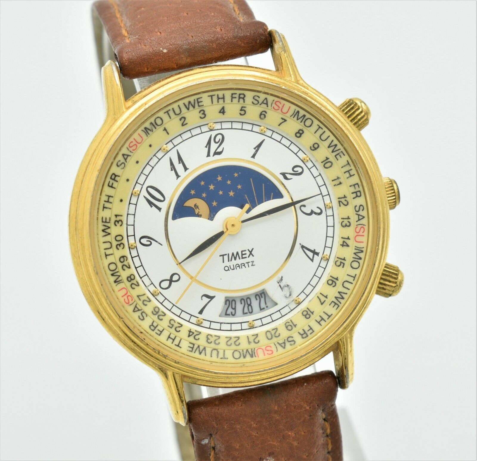 Timex Triple Calendar Day Date Sun Moon Phase WR Quartz