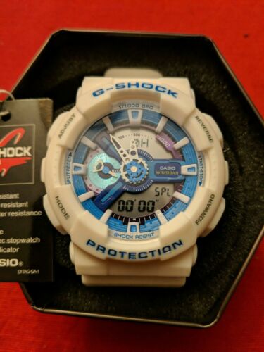 white g shock with blue face