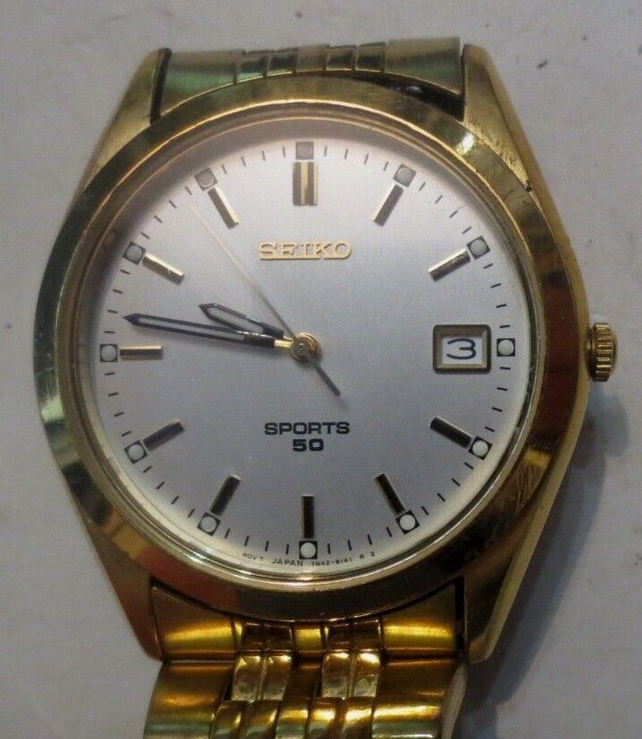 VTG Seiko Sports 50 7N42 8079 Men Gold Tone Analog Quartz Watch