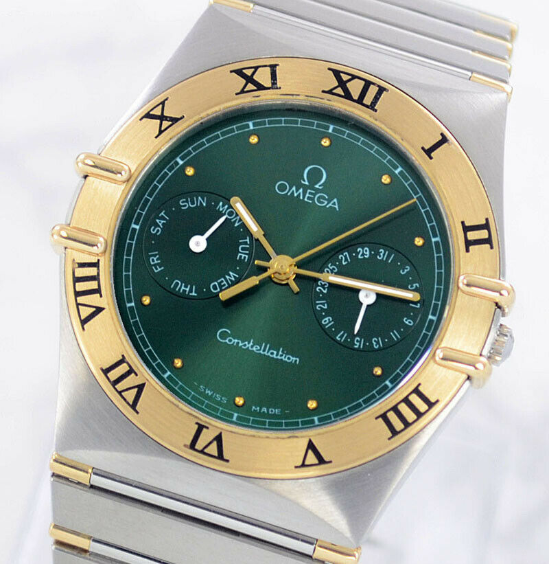 OMEGA CONSTELLATION QUARTZ HALF BAR DAY DATE GREEN DIAL MEN S