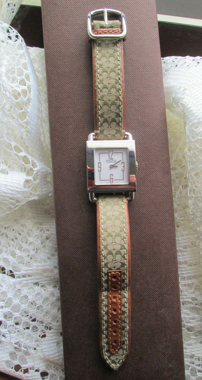 Coach Watch 0221 Water Resistant Square Logo Leather Cloth Band Brown‎ Silver Coach Watch 0221 Water Resistant Square Logo Leather Cloth  main image 4