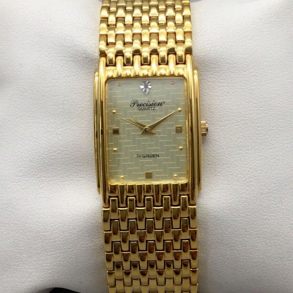Precision By Gruen Watch Men 25mm Gold Tone Rectangle New Battery 8.25 ...