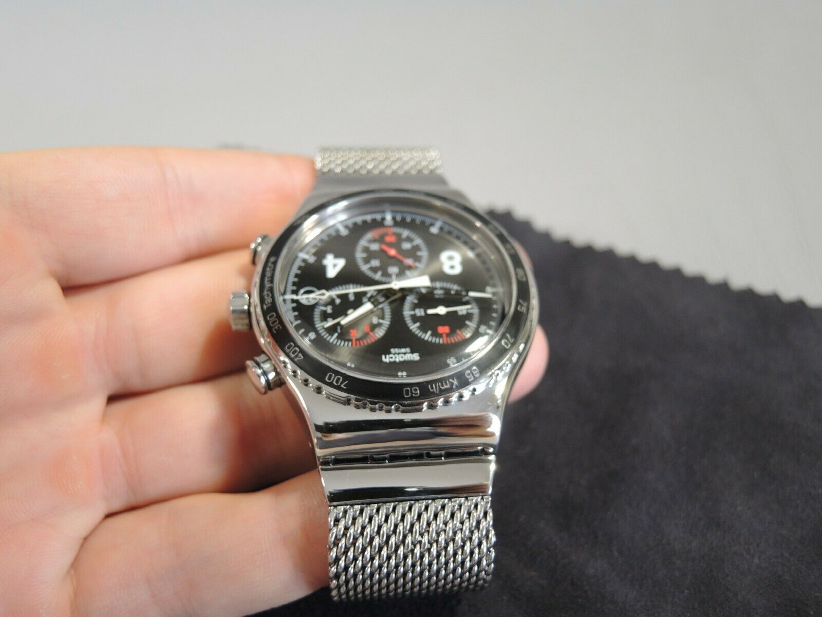 Swatch Irony Chrono Watch BLACKIE YVS401G Tachymetre Steel
