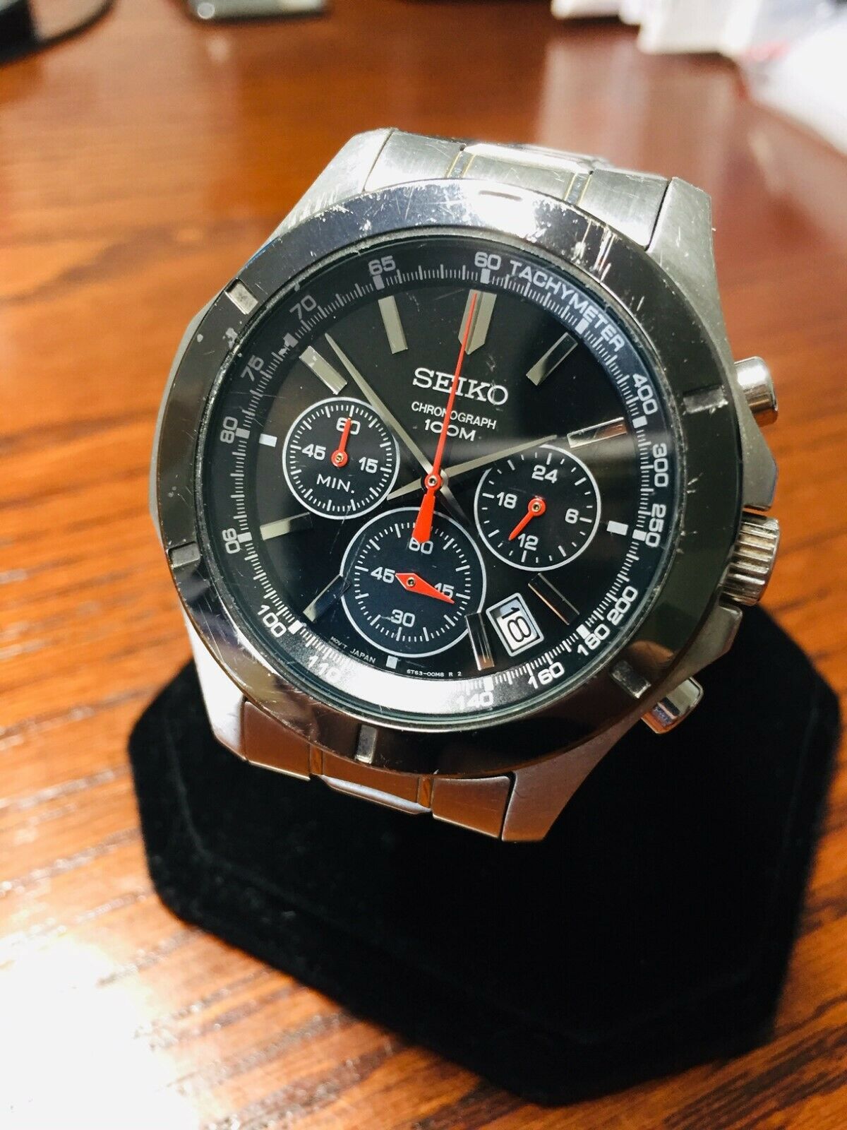 Seiko 6T63-00G0 Black Dial Red Chronograph Hands 100m Mens Watch