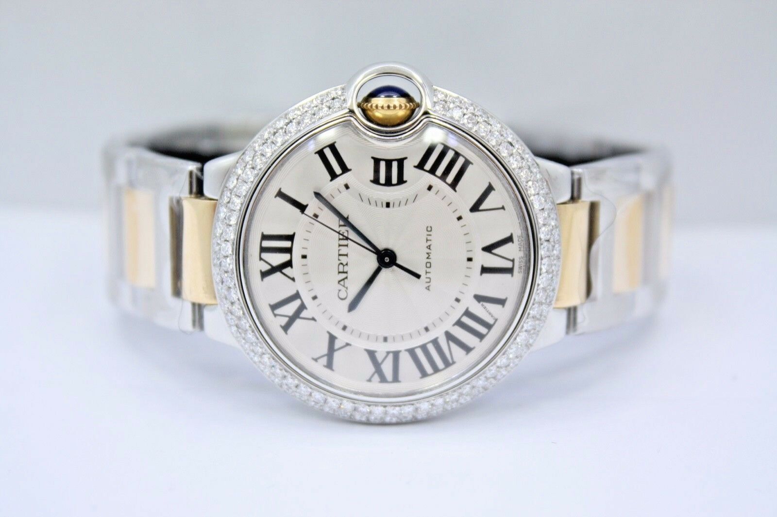 CARTIER BALLON BLEU 2 TONE 18k YELLOW GOLD 36MM DIAMOND ENCRUSTED